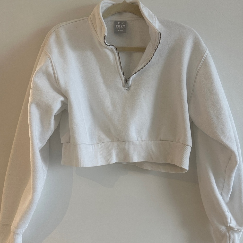 TNA White Cropped Half-Zip Sweatshirt